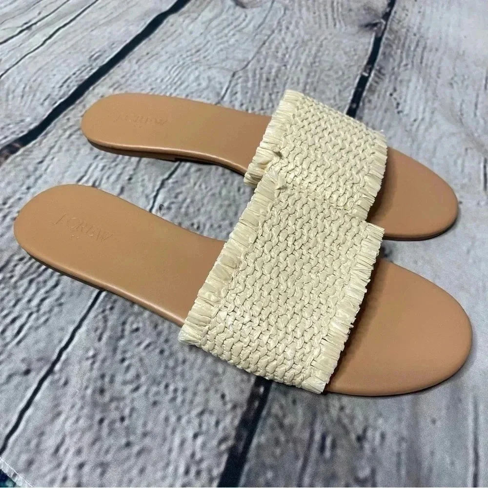 J Crew Size 10.5 Raffia Slide Sandals Natural Beige Flat Casual AX843